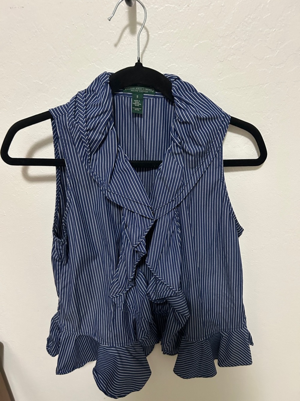 Ralph Lauren Navy and White Striped Ruffle Sleeveless Blouse